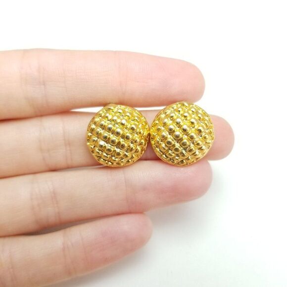 Vintage Textured Gold Tone Dome Stud Earrings, Simple Retro Design - Picture 5 of 6